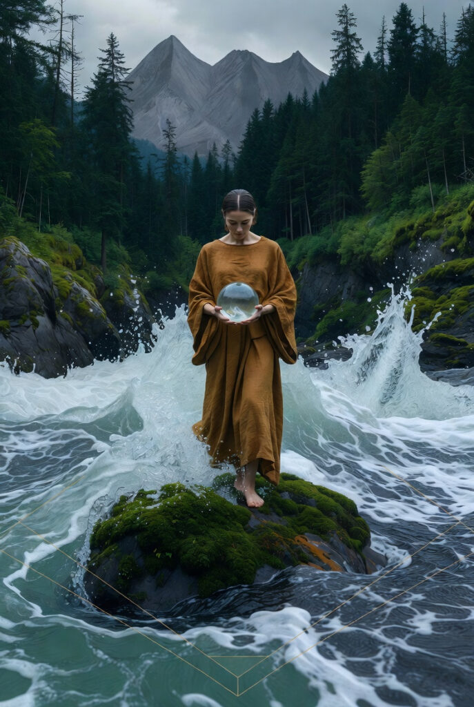 A person in simple linen clothing standing on a moss-covered stone in the middle of a rushing mountain stream, balancing a single clear glass sphere on their fingertip.