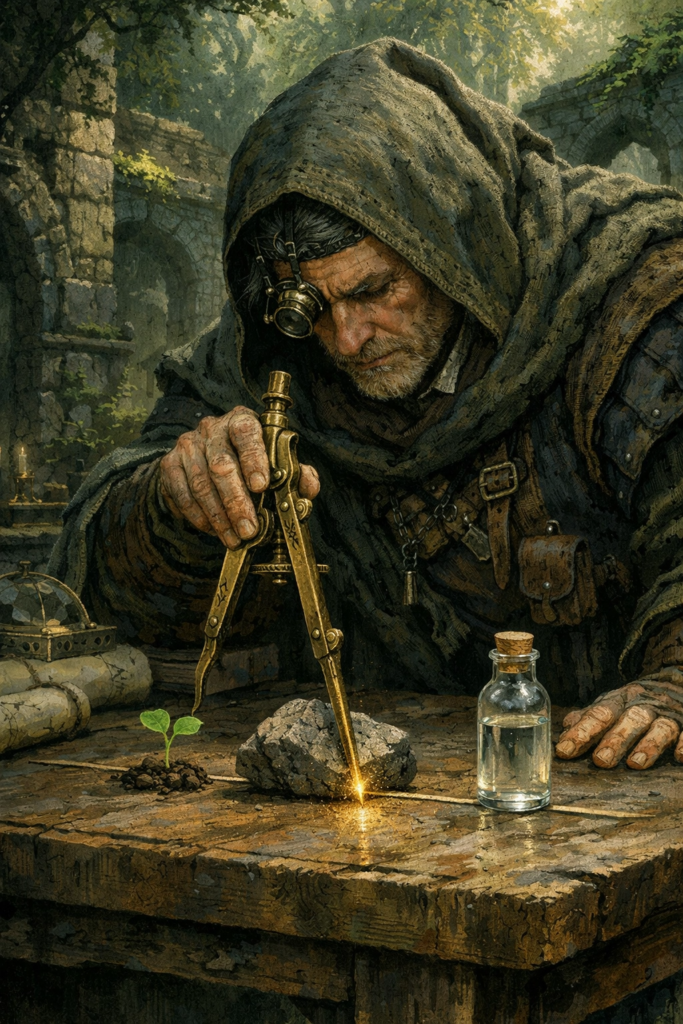 A person in simple linen clothing sitting in a stone courtyard, carefully stacking smooth river stones into a perfectly balanced cairn under the soft light of a balanced day.