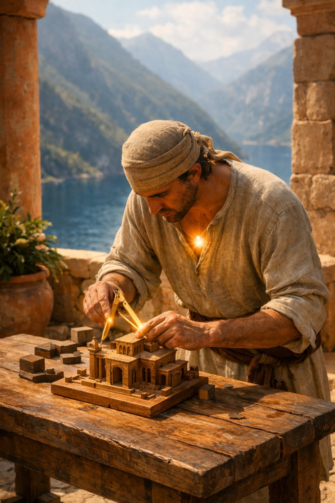 A person in deep focus standing in a stone courtyard, holding a set of golden calipers over a miniature wooden model of a temple.