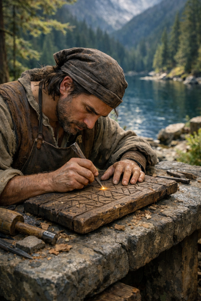 A painterly illustration of a wise artisan in a stone workshop, carefully carving a sundial out of dark oak. Natural mossy greens and deep slate blues dominate the scene.