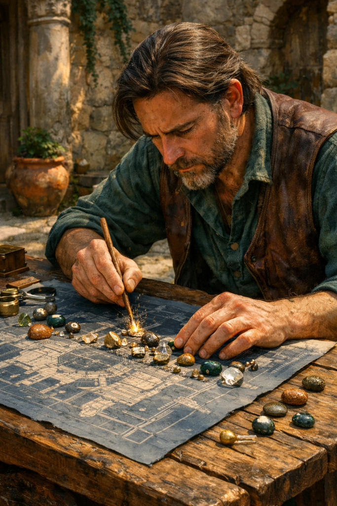 An intricate, painterly illustration of a wise figure in a stone courtyard, precisely carving ancient geometric symbols into a wooden tablet with a glowing gold pen.
