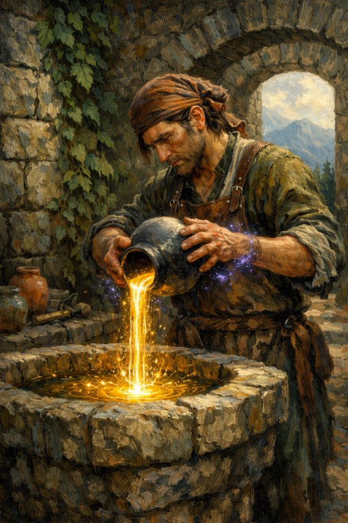 An intricate, painterly illustration of a wise figure in a stone courtyard, carefully pouring a glowing liquid from a rustic clay jar into a stone basin, surrounded by green ferns and ancient stone walls.