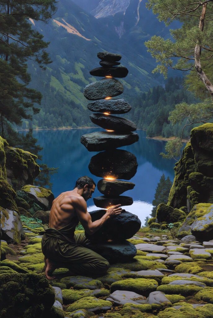 A painterly illustration of a person in a forest clearing, meticulously stacking large, smooth river stones into a perfectly balanced cairn near a deep blue lake.