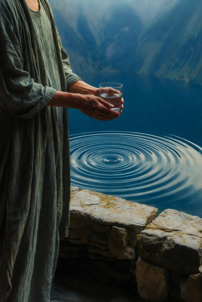 A painterly illustration of a person standing on a stone balcony overlooking a mist-covered mountain lake, holding a simple glass of clear water.