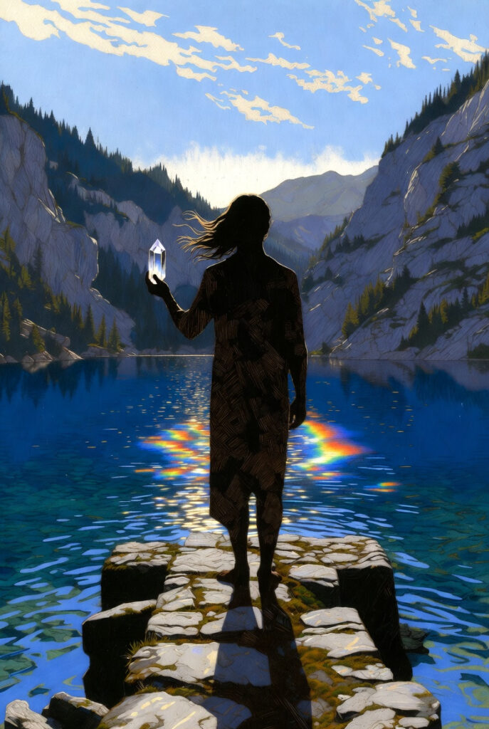 An intricate, painterly illustration of a person standing at the edge of a deep, still blue lake, holding a clear quartz prism that catches the sunlight.