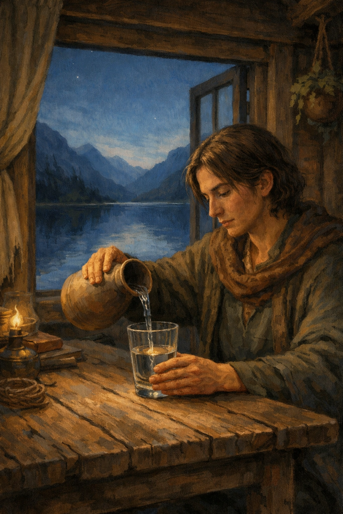 A painterly illustration of an older, wise woman sitting at a rustic wooden table by a window overlooking a calm, deep blue mountain lake. She is carefully pouring clear water from a ceramic pitcher into a glass, focused entirely on the ripple of the liquid.