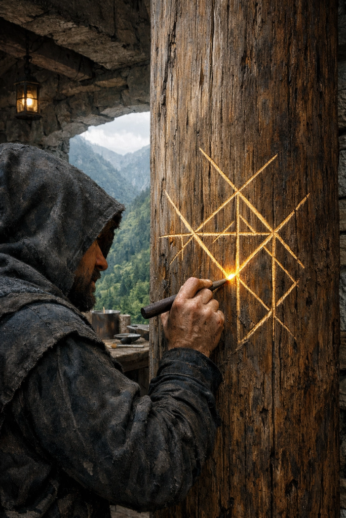 A focused architect in a simple linen robe standing in a stone courtyard, carefully carving a geometric symbol into a heavy wooden beam.