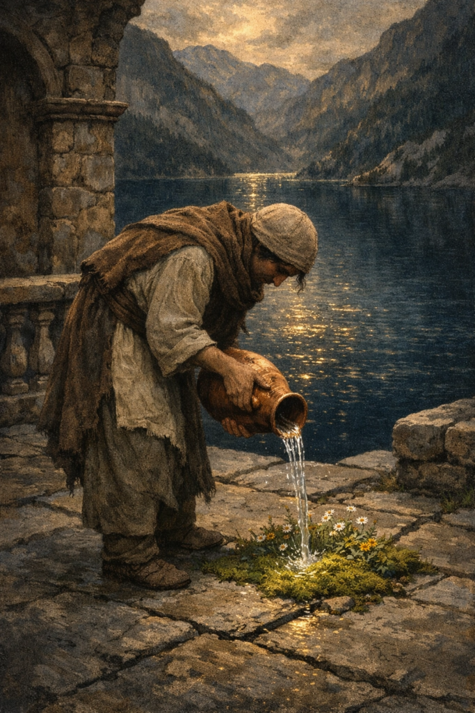 A person standing in a serene stone courtyard, carefully pouring clear water from an earthenware jug into a small, thriving plant growing between ancient flagstones.