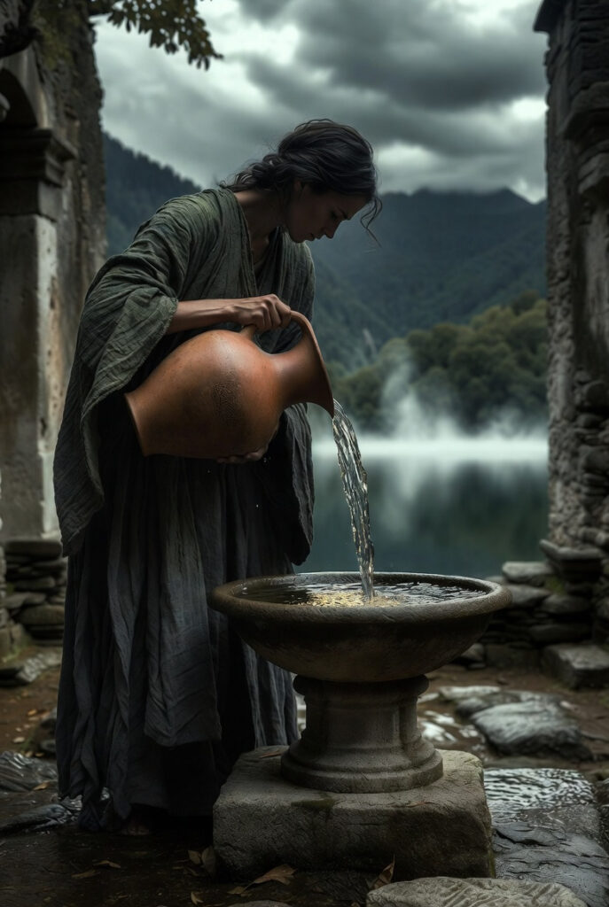A person in simple linen clothing standing in a serene stone courtyard, carefully pouring water from a heavy clay vessel into a narrow stone basin.