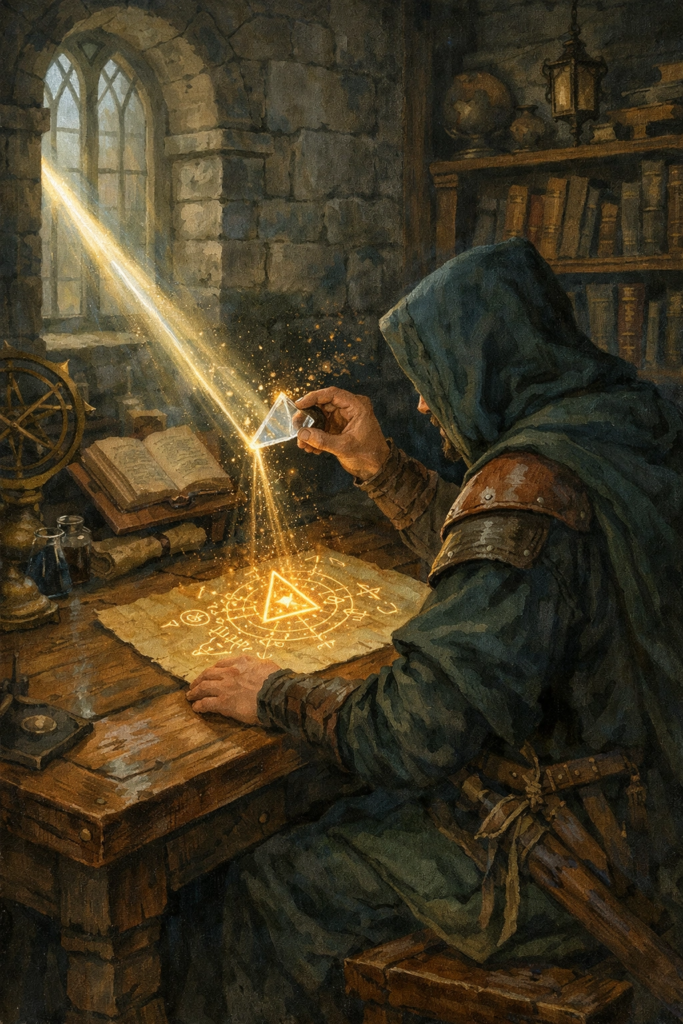 An intricate illustration of an alchemist at a wooden table, using a glass prism to separate a beam of light into clear, structured geometric symbols.