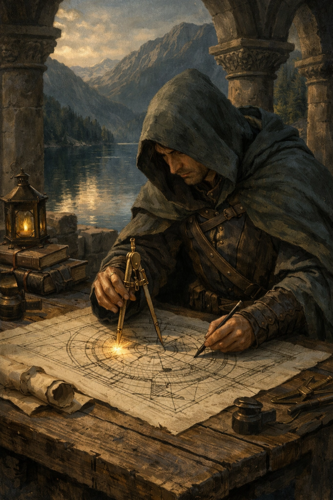 An intricate illustration of a person in a stone courtyard using a compass to draw a blueprint on a heavy wooden table overlooking a deep blue lake.
