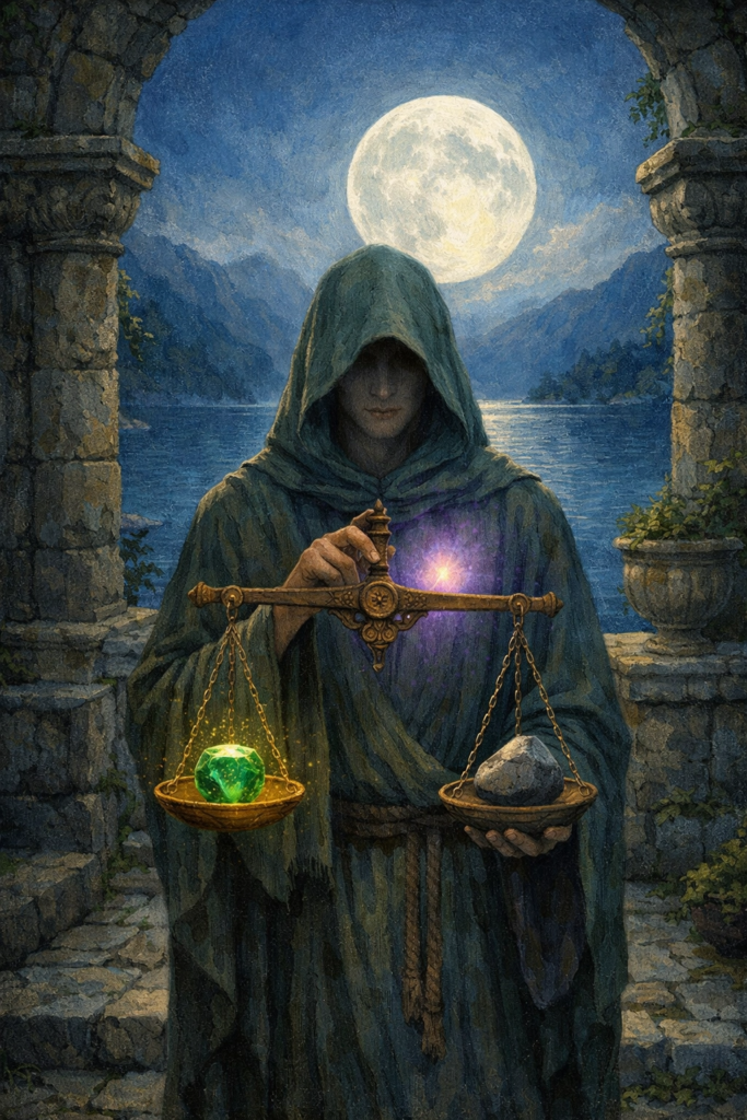 An intricate painterly illustration of a graceful figure in a stone courtyard, carefully balancing a pair of wooden scales that hold a glowing green leaf and a smooth river stone.