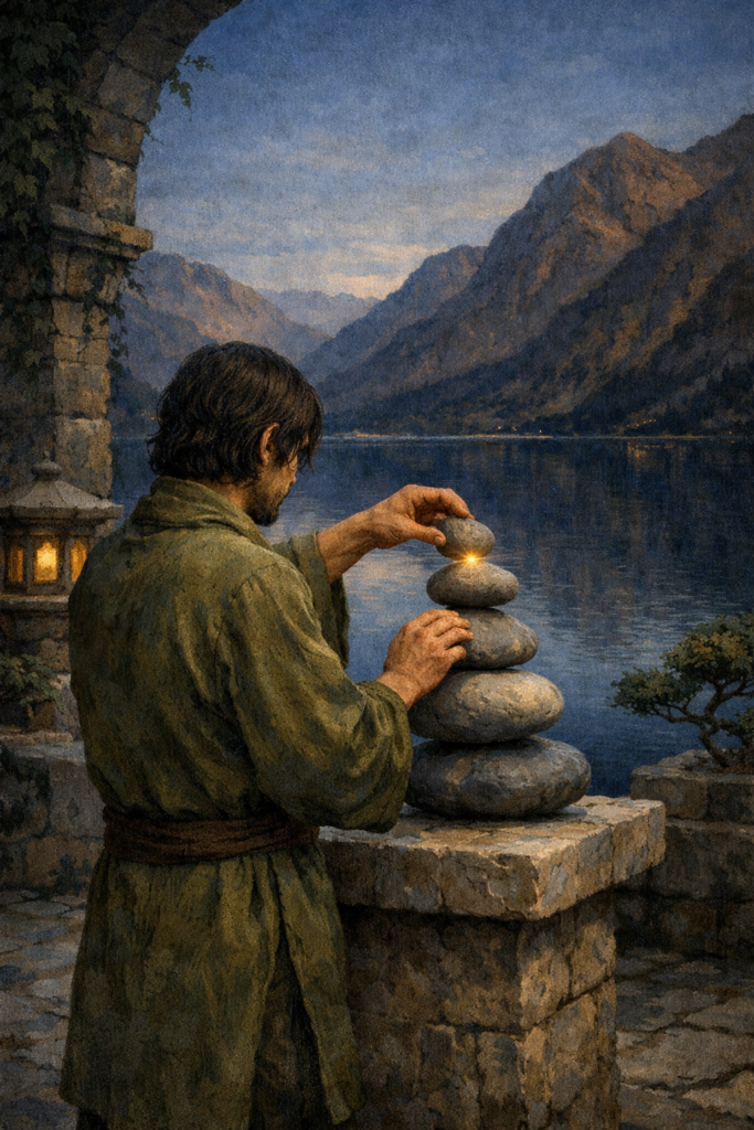 A painterly illustration of a person in a dark green robe standing on a stone balcony overlooking a calm, deep blue mountain lake. They are carefully stacking smooth, natural river stones into a perfectly balanced cairn on a plain stone plinth.