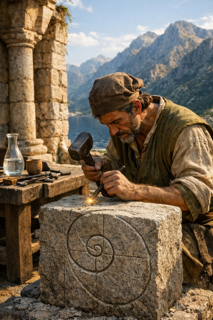 A focused artisan in a stone courtyard using a wooden mallet and chisel to carve sacred geometric symbols into a large, moss-covered stone block.