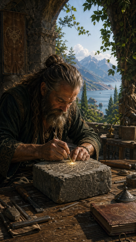 An intricate painterly illustration of a stone mason's hands carving sacred geometry into a heavy granite block on a sunlit stone courtyard.