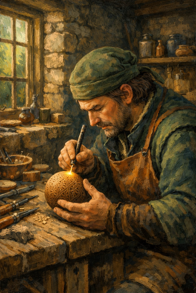 A person in a simple linen tunic sitting at a heavy oak table in a sunlit stone room, meticulously carving a small, intricate geometric pattern into a wooden block.