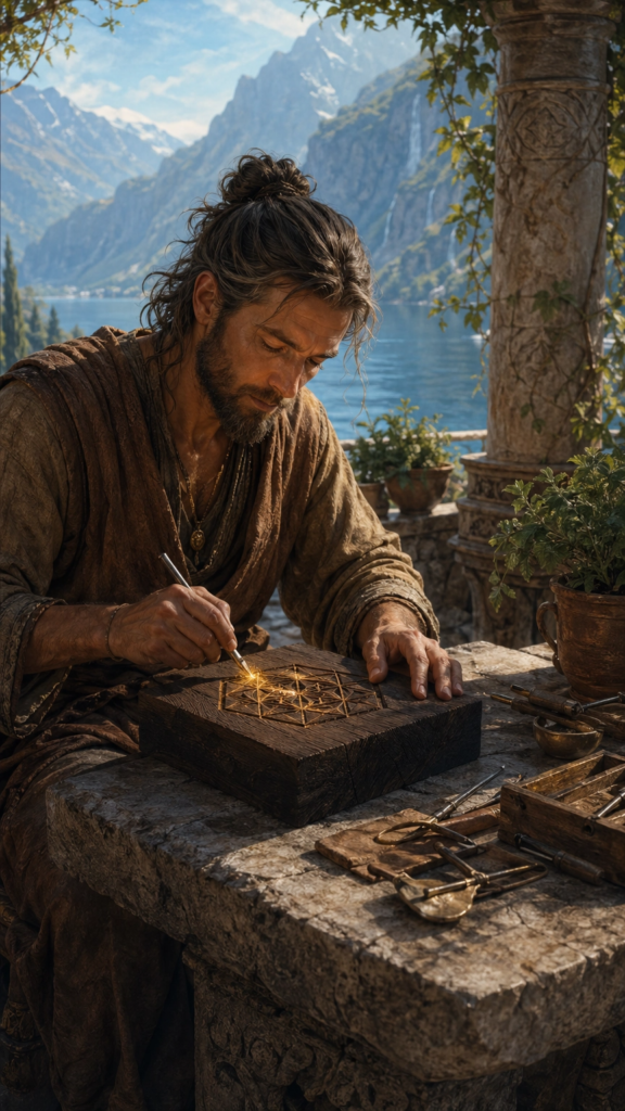 A person in simple linen clothing sitting at a heavy stone table in a mountain courtyard, precisely carving a geometric symbol into a wooden block.