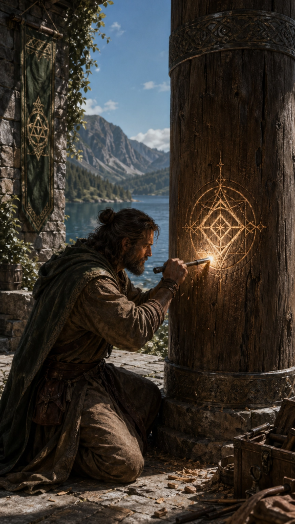 A person in simple linen clothing standing in a stone courtyard, carefully carving a geometric symbol into a heavy wooden beam.