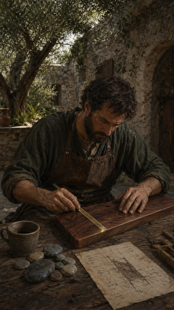 A person in a simple linen tunic sitting at a heavy oak table in a sunlit stone workshop, carefully sketching geometric blueprints on parchment with a charcoal lead.