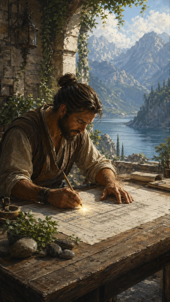 A person in simple linen clothing standing in a sunlit stone courtyard, carefully carving a geometric pattern into a large wooden beam using a small, glowing golden chisel.