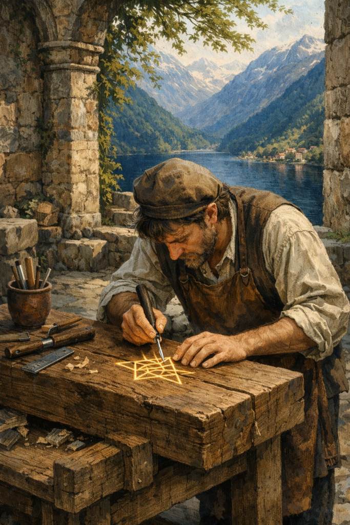 A painterly illustration of a focused person in a stone courtyard, carefully carving a geometric symbol into a large, solid wooden beam.