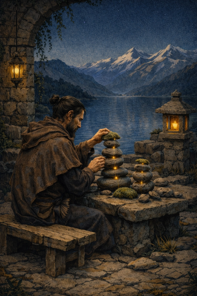 A person in simple linen clothing standing in a stone courtyard, carefully stacking smooth river stones into a balanced cairn near a deep blue mountain lake.