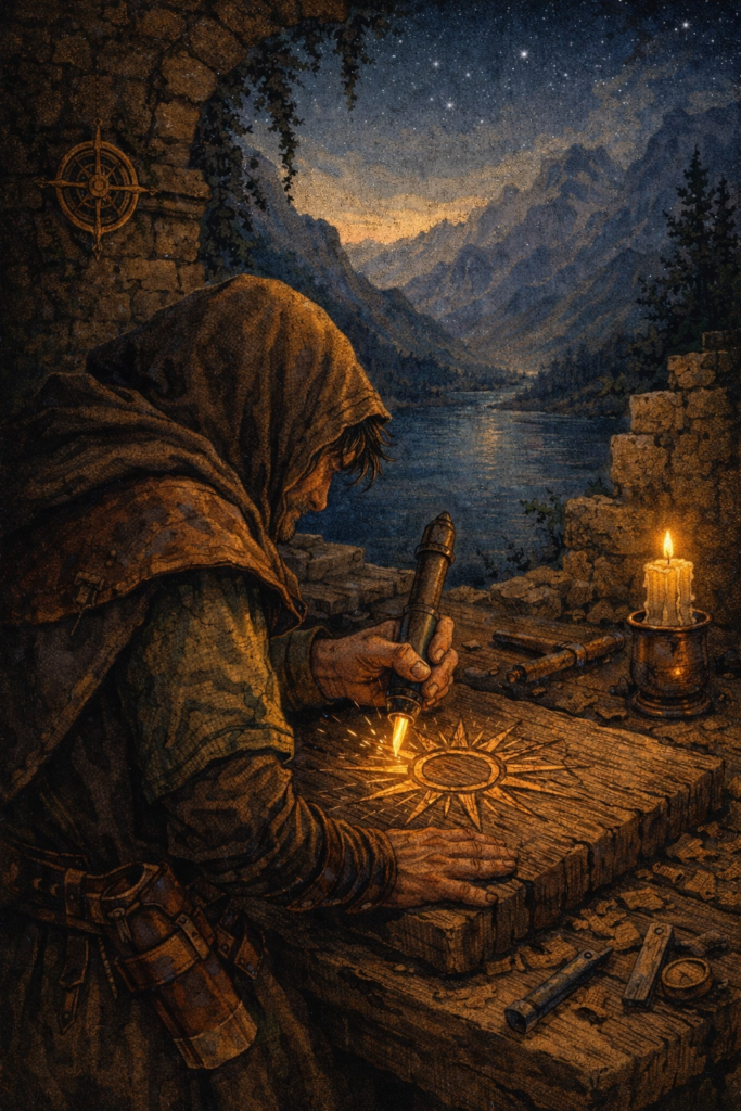 A person standing at a heavy wooden table in a stone courtyard, lighting a single beeswax candle that illuminates a hand-drawn map.