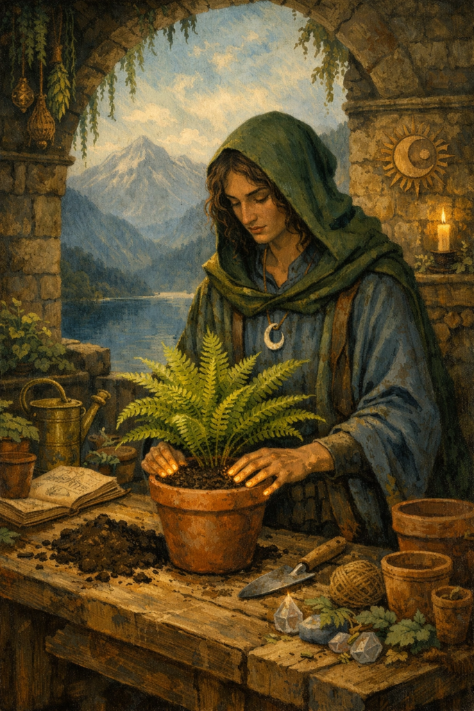 A painterly illustration of a woman in a simple linen robe standing on a stone balcony, carefully pruning a lush green potted plant.