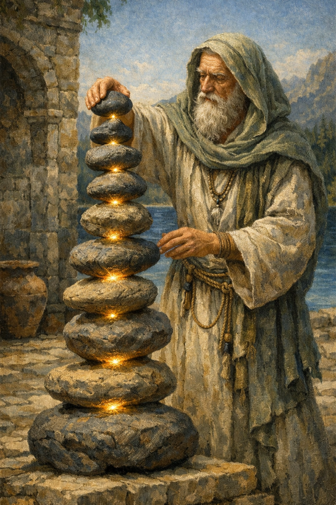 An intricate, painterly illustration of a robed figure standing in a stone courtyard, carefully stacking large, weathered river stones into a perfectly balanced vertical cairn.