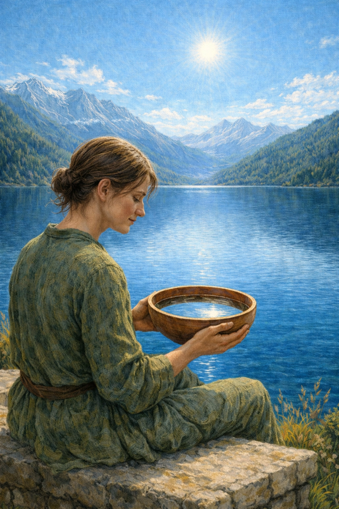 A painterly illustration of a woman sitting on a stone bench overlooking a mirror-still mountain lake at dawn. She is holding a simple ceramic bowl of water with both hands.