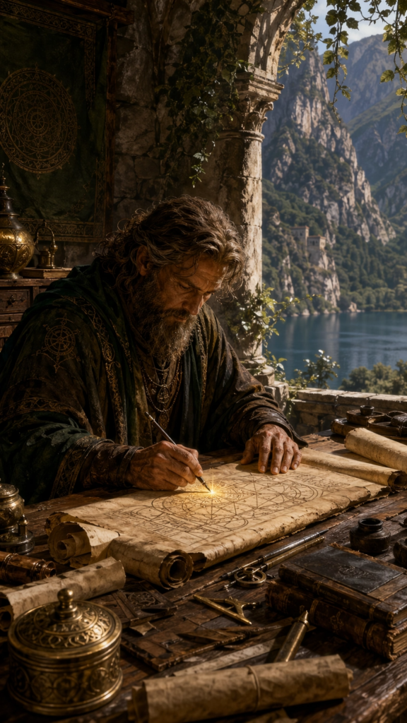 An intricate, painterly illustration of a wise female architect in a stone courtyard, using a wooden compass to draw sacred geometry on a large parchment spread across a heavy timber table.