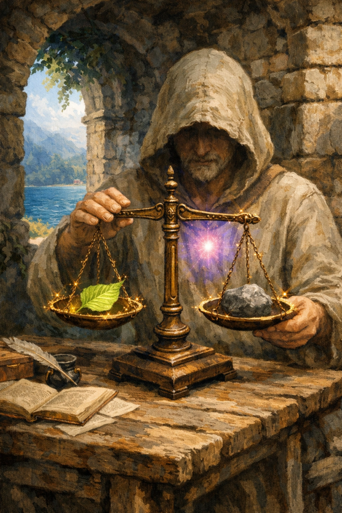 A detailed illustration of a serene figure sitting at an old wooden table in a stone courtyard, carefully weighing a glowing green leaf against a small, rough stone on a set of brass scales.