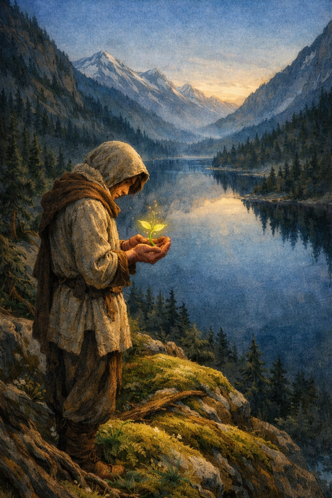 A person standing on a lush moss-covered hill, looking out over a calm, deep blue mountain lake at dawn. They are wearing simple linen clothes, holding a small green sprout in their palms.
