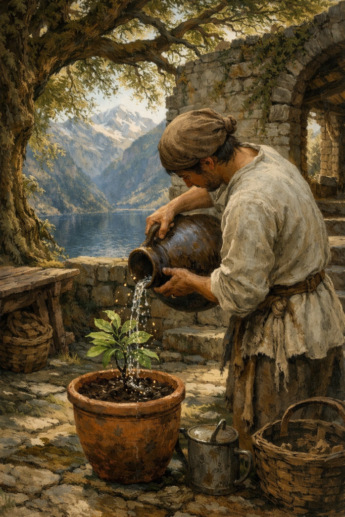 A person standing in a sunlit stone courtyard, carefully pouring clear water from a ceramic pitcher into a small green plant, deep green vines in the background.