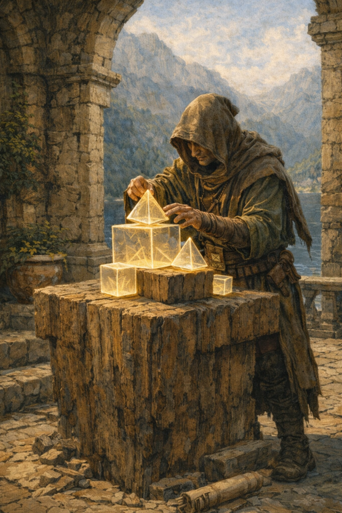 A person standing in a serene stone courtyard, carefully arranging large, translucent geometric crystals on a heavy wooden pedestal under a clear blue sky.