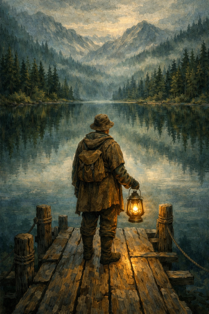 A painterly illustration of a woman standing on a wooden pier by a deep green lake, holding a simple lantern that casts a soft gold glow.
