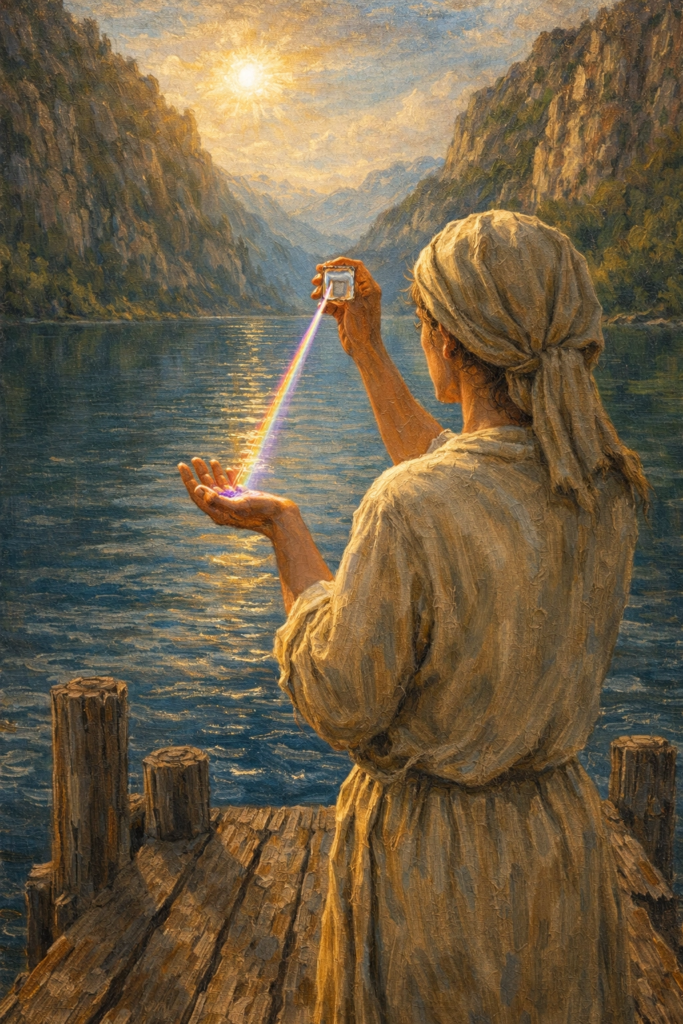 A person standing on a wooden pier over a deep blue lake, holding a glass prism toward the sunlight to reveal a hidden spectrum.