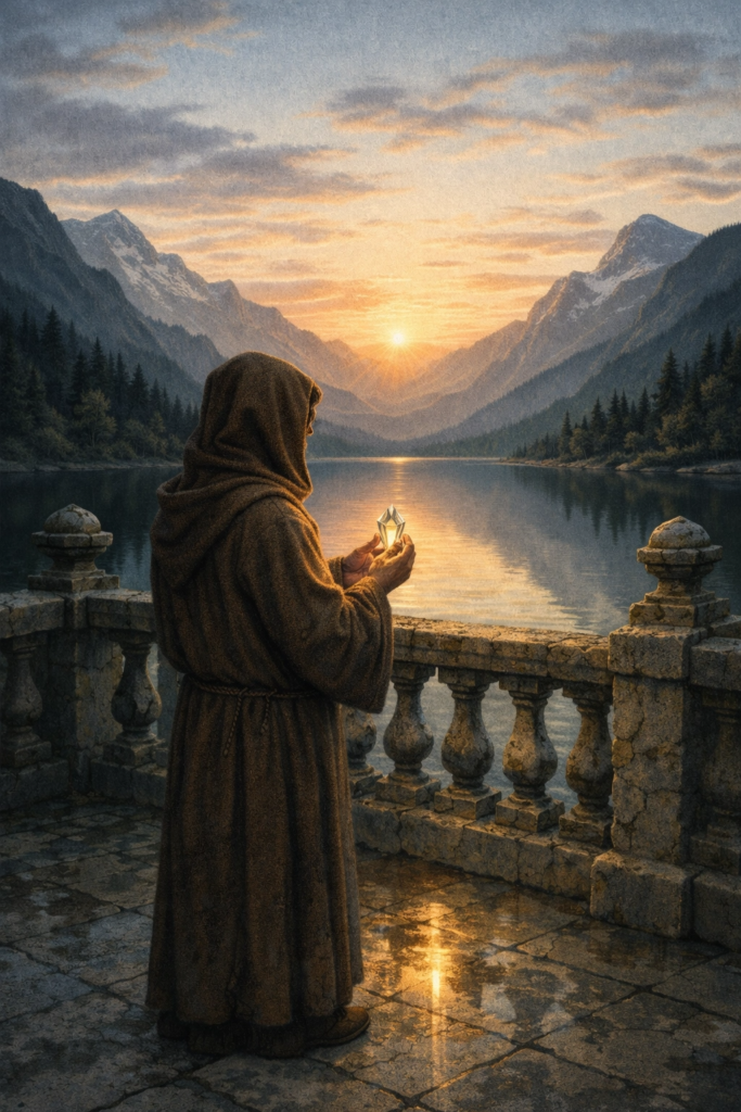 An intricate, painterly illustration of a person standing on a stone balcony overlooking a calm, deep blue mountain lake, holding a large, glowing transparent quartz crystal.
