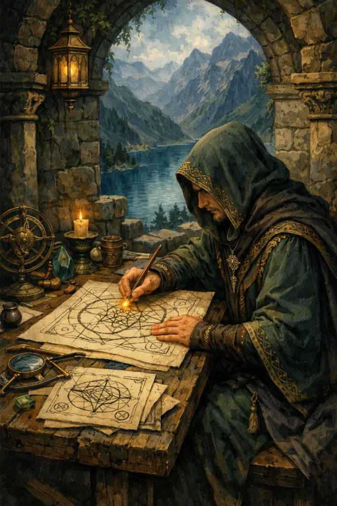 A focused person sitting at a heavy stone table in a sunlit courtyard, meticulously drawing geometric blueprints with a simple wooden pen.