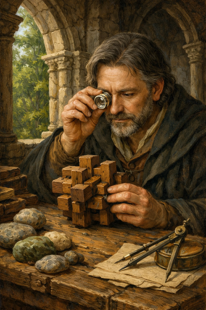 A person in a simple linen tunic sitting at a heavy oak table in a stone room, using a small silver magnifying glass to inspect a complex geometric wooden puzzle.