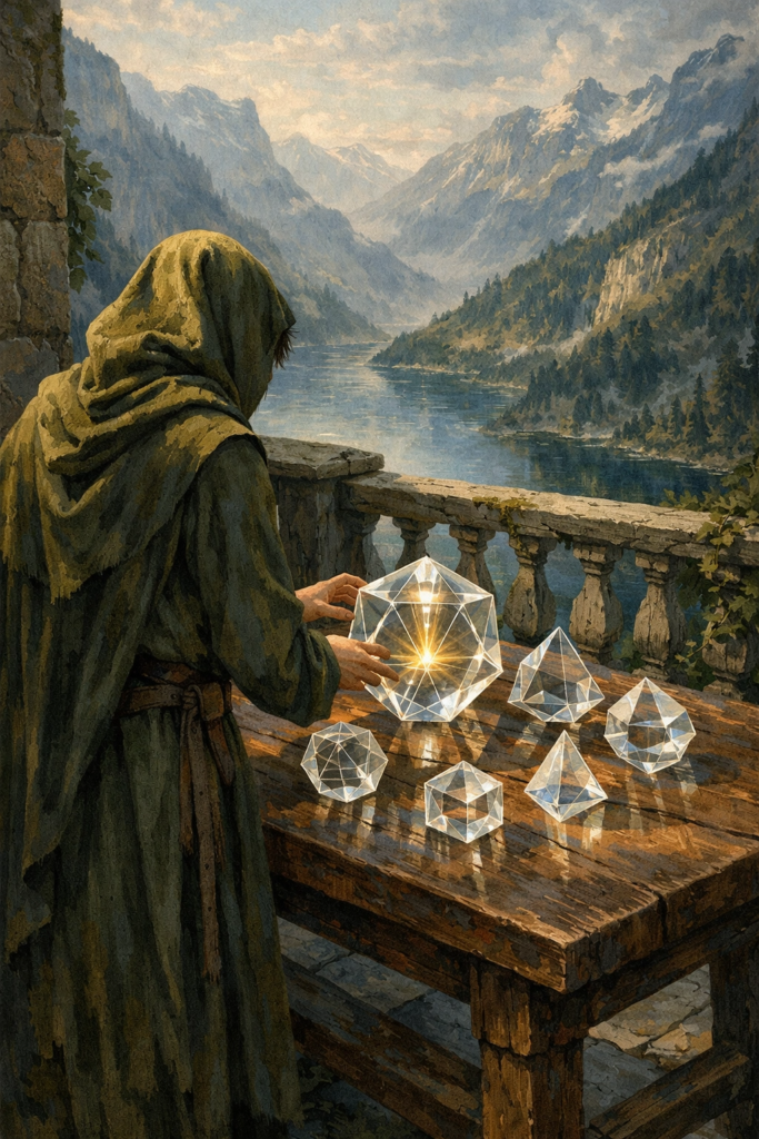 An intricate illustration of a person standing on a stone balcony overlooking a deep green valley, carefully arranging various geometric glass shapes that catch the light.