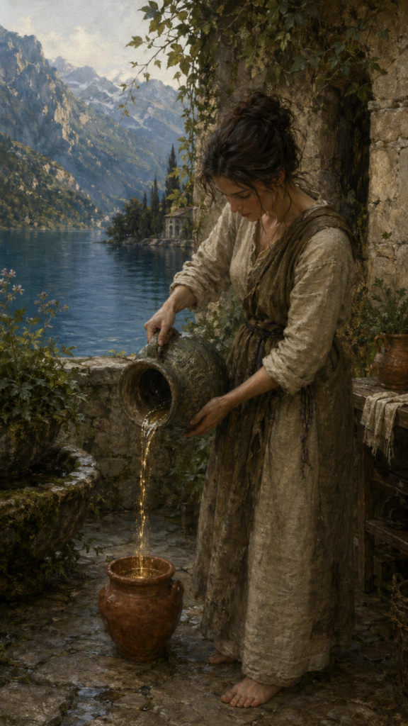 A person in simple linen clothing standing in a stone courtyard, carefully pouring water from a ceramic pitcher into a small, sturdy terracotta pot containing a green sapling.