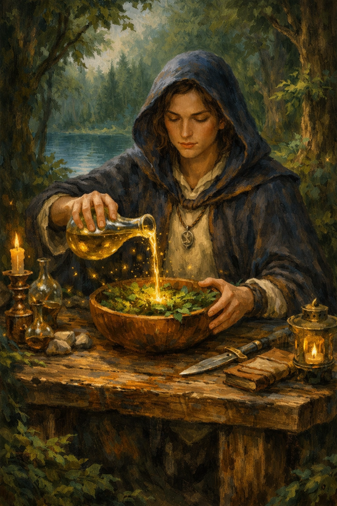 An intricate illustration of a person sitting at a sturdy wooden workbench in a sunlit forest clearing, carefully mixing vials of clear water and green herbal essence, with a subtle gold glow emanating from their fingertips.