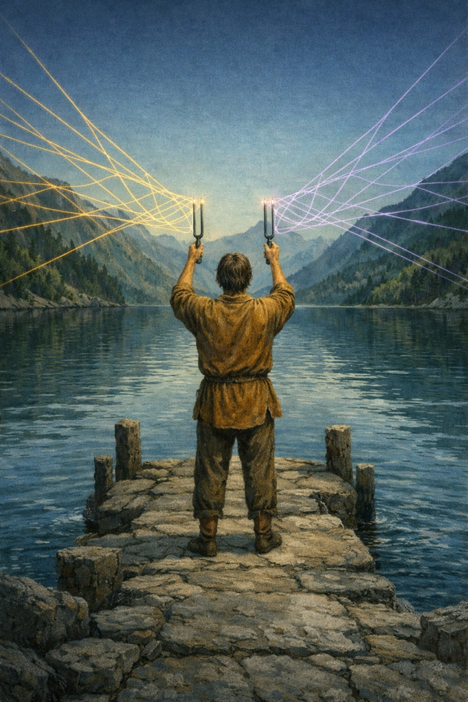 A person standing on a stone jetty overlooking a calm, deep blue lake at dawn, holding two glowing tuning forks that create visible, overlapping ripples in the air.