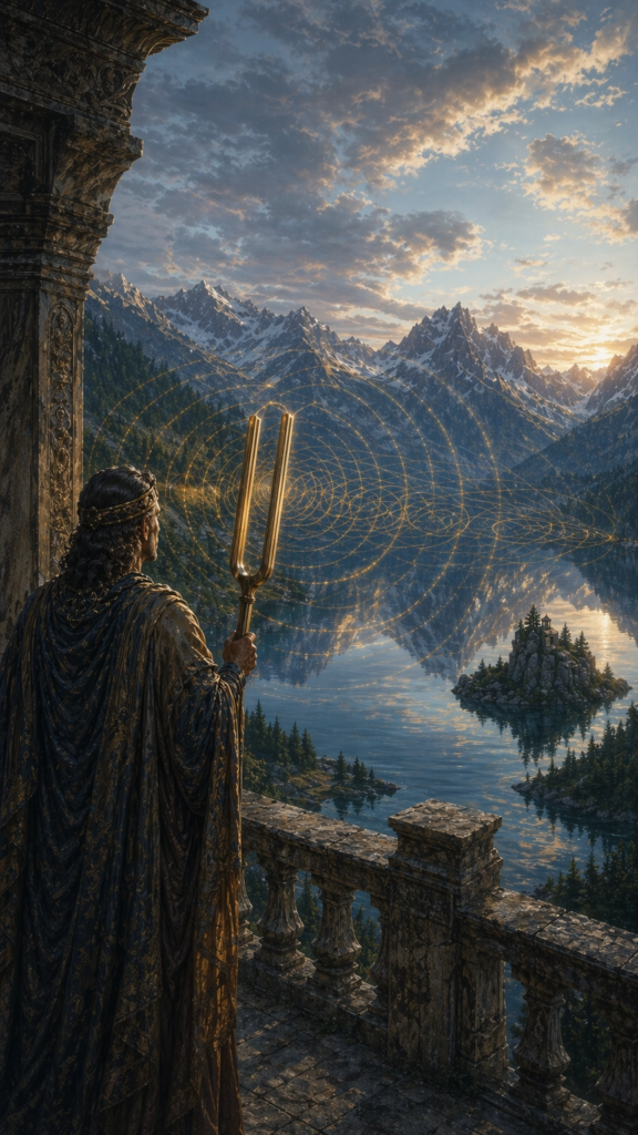 A person standing on a stone balcony overlooking a deep blue mountain lake, holding a large, glowing tuning fork that creates visible ripples in the air.