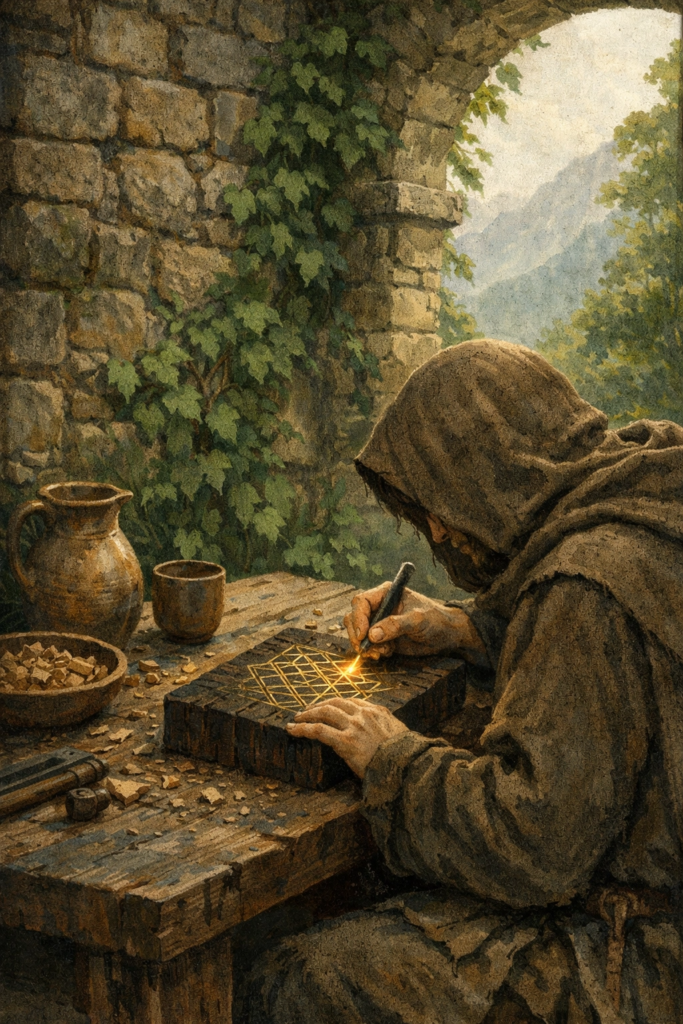 A person in a linen tunic sitting at an old wooden table in a stone courtyard, carefully carving a geometric symbol into a piece of oak.