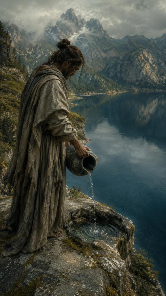 A painterly illustration of a figure standing by a deep blue lake, gently pouring water from a stone vessel into a small pool, representing the steady flow of time.