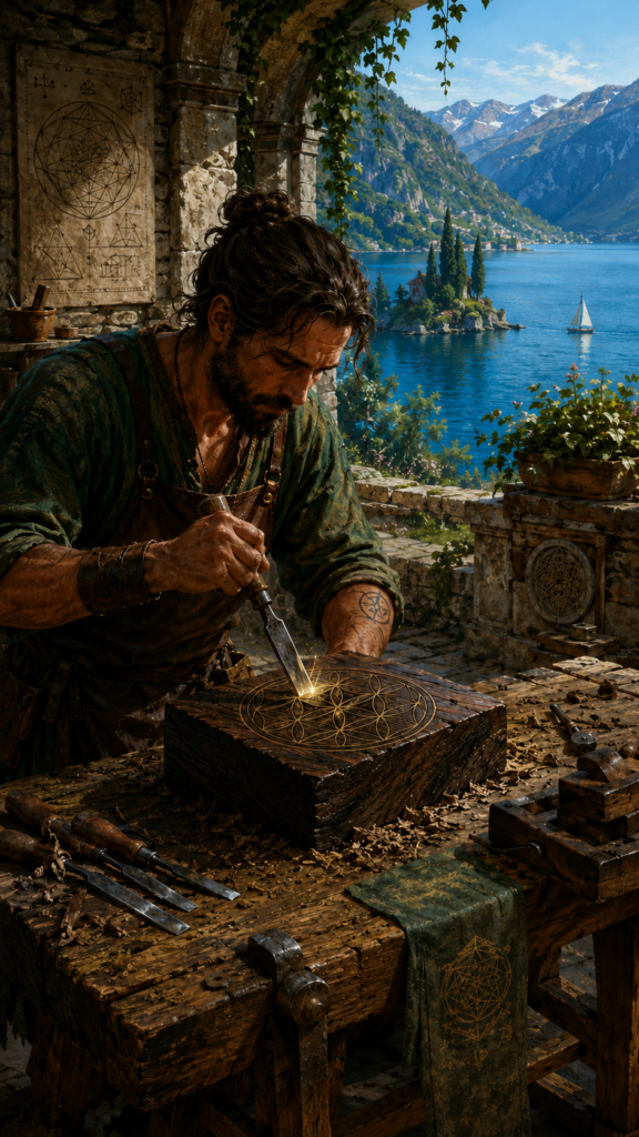 An intricate, painterly modern esoteric card illustration showing a focused figure standing at a heavy wooden table in a stone courtyard, carefully carving precise geometric symbols into a piece of raw wood, with a deep green forest and mountain range visible in the background under a clear sky.