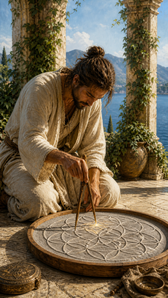 A person in a stone courtyard using a wooden compass to draw geometric patterns in a tray of fine sand, surrounded by ivy and ancient pillars.