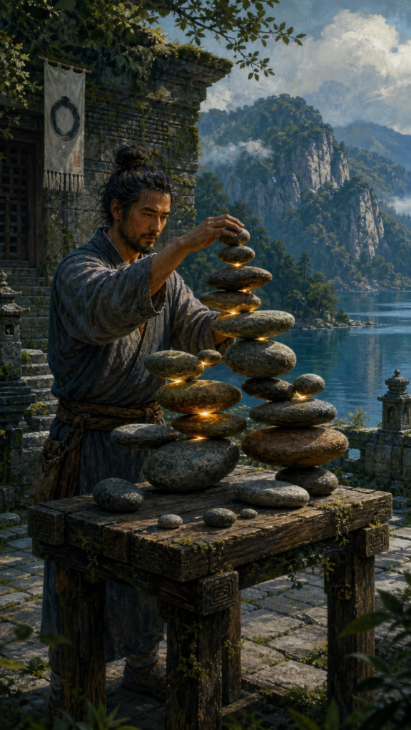 An intricate illustration of a person standing on a stone terrace overlooking a deep blue mountain lake, carefully stacking smooth, flat river stones to build a balanced sculpture.